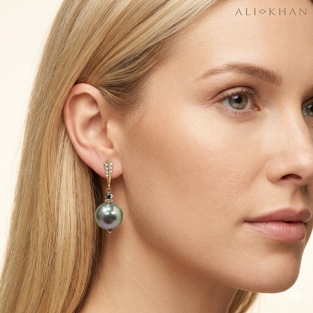 Ali Khan Parisian Green Pearl Beaded Dangle Earrings with rhinestones